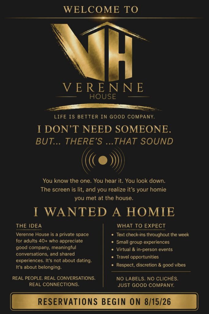 Verenne House promotional flyer for a private society for adults over 40, featuring black-and-gold branding, membership details, and the reservation date of August 15, 2026.