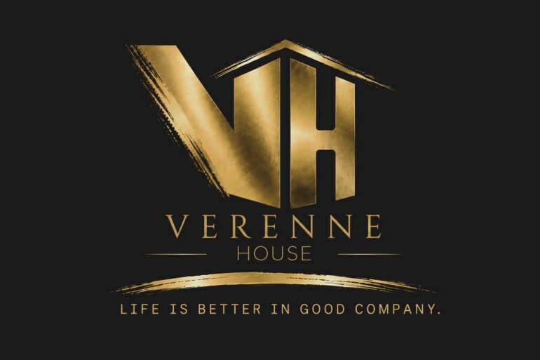 Verenne House promotional flyer for a private society for adults over 40, featuring black-and-gold branding, membership details, and the reservation date of August 15, 2026.